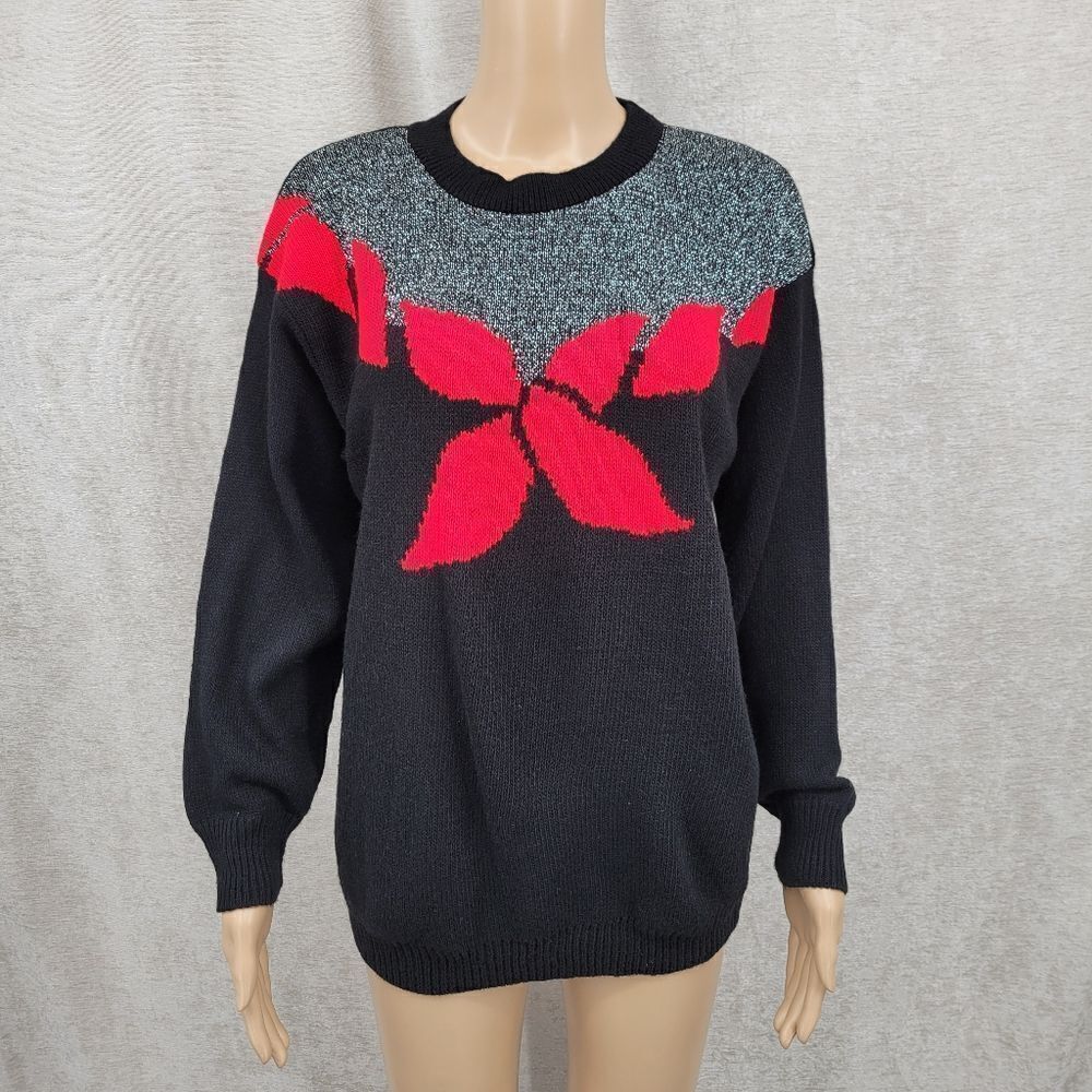 Carly Blake Vintage Christmas Holiday Sweater Black Red Metallic Silver 80s